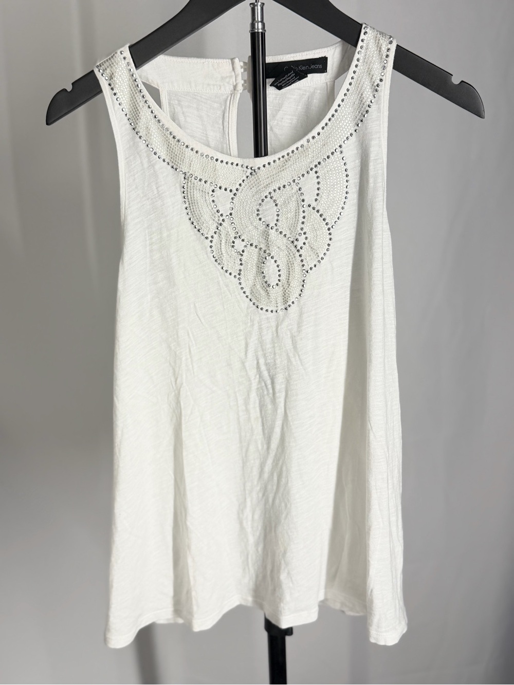 Calvin Klein Jeans White Tank with Rhinestone Embellished Scoop Neck